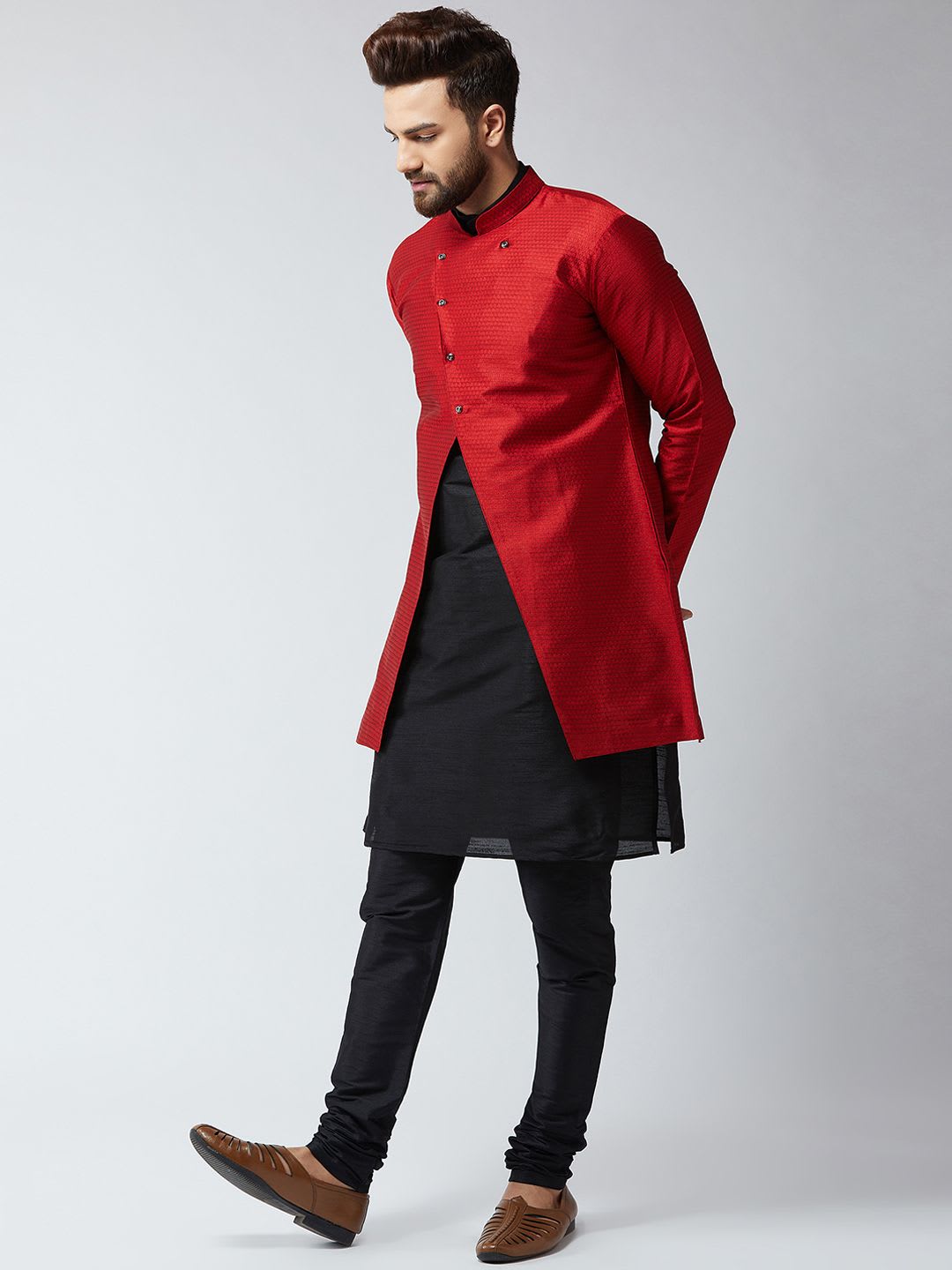 SOJANYA Men Maroon & Black Self Design Sherwani Set - left view