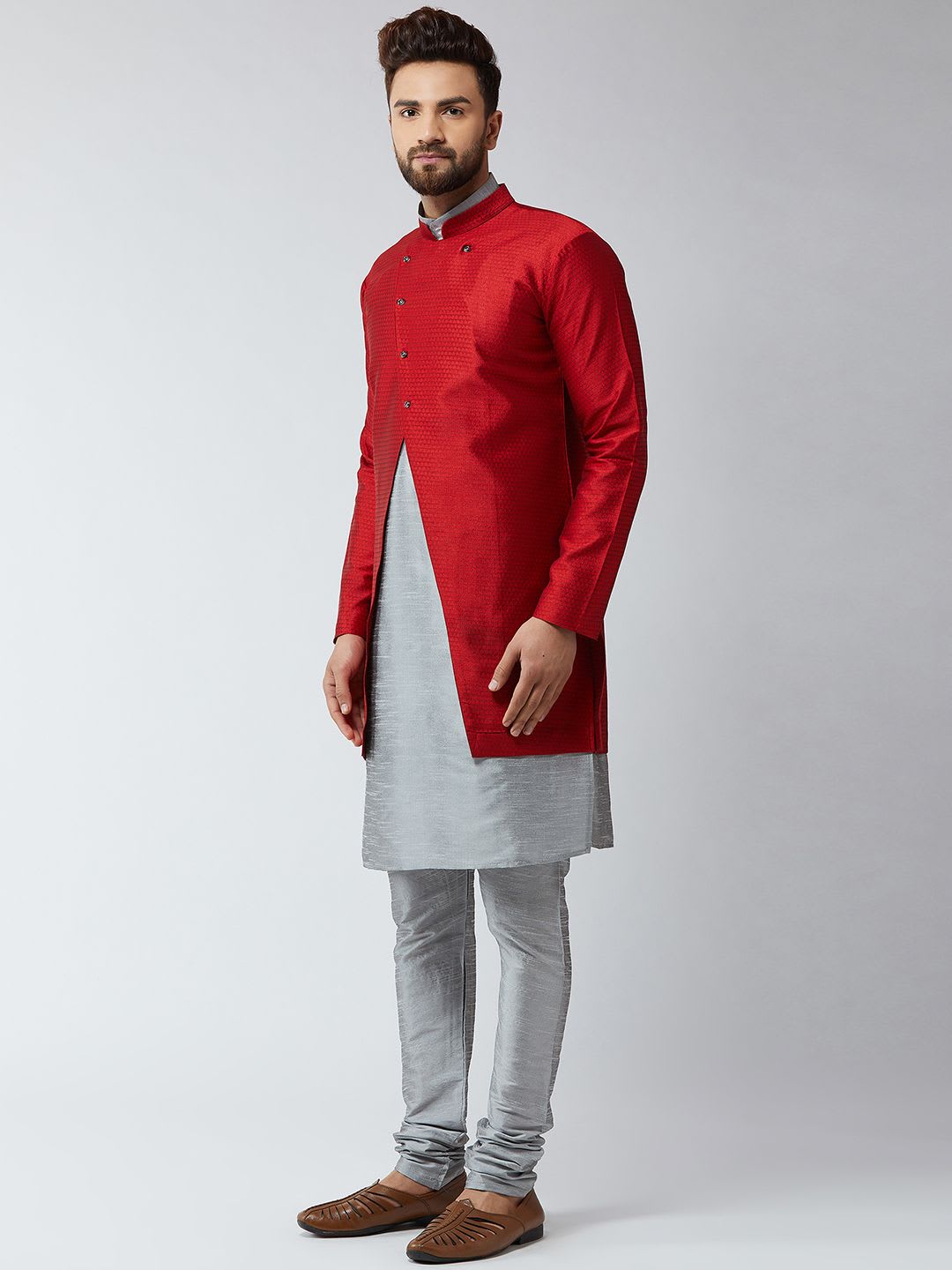 SOJANYA Men Maroon & Grey Self-Design Sherwani Set - back view