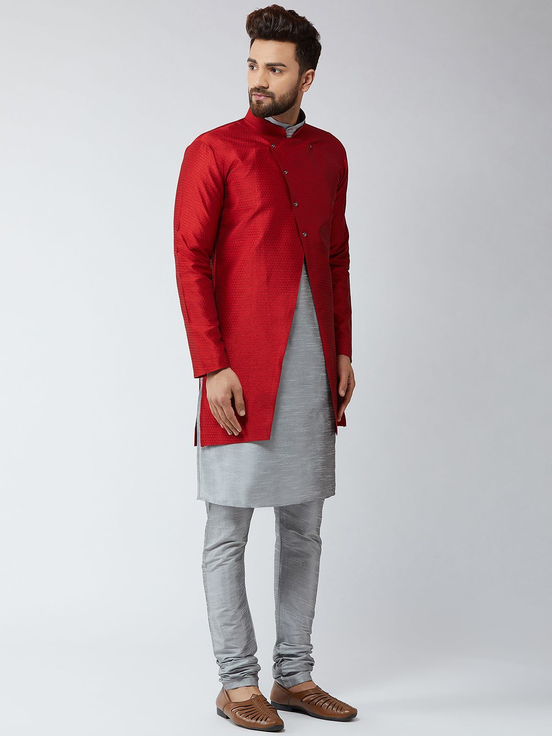 SOJANYA Men Maroon & Grey Self-Design Sherwani Set - left view