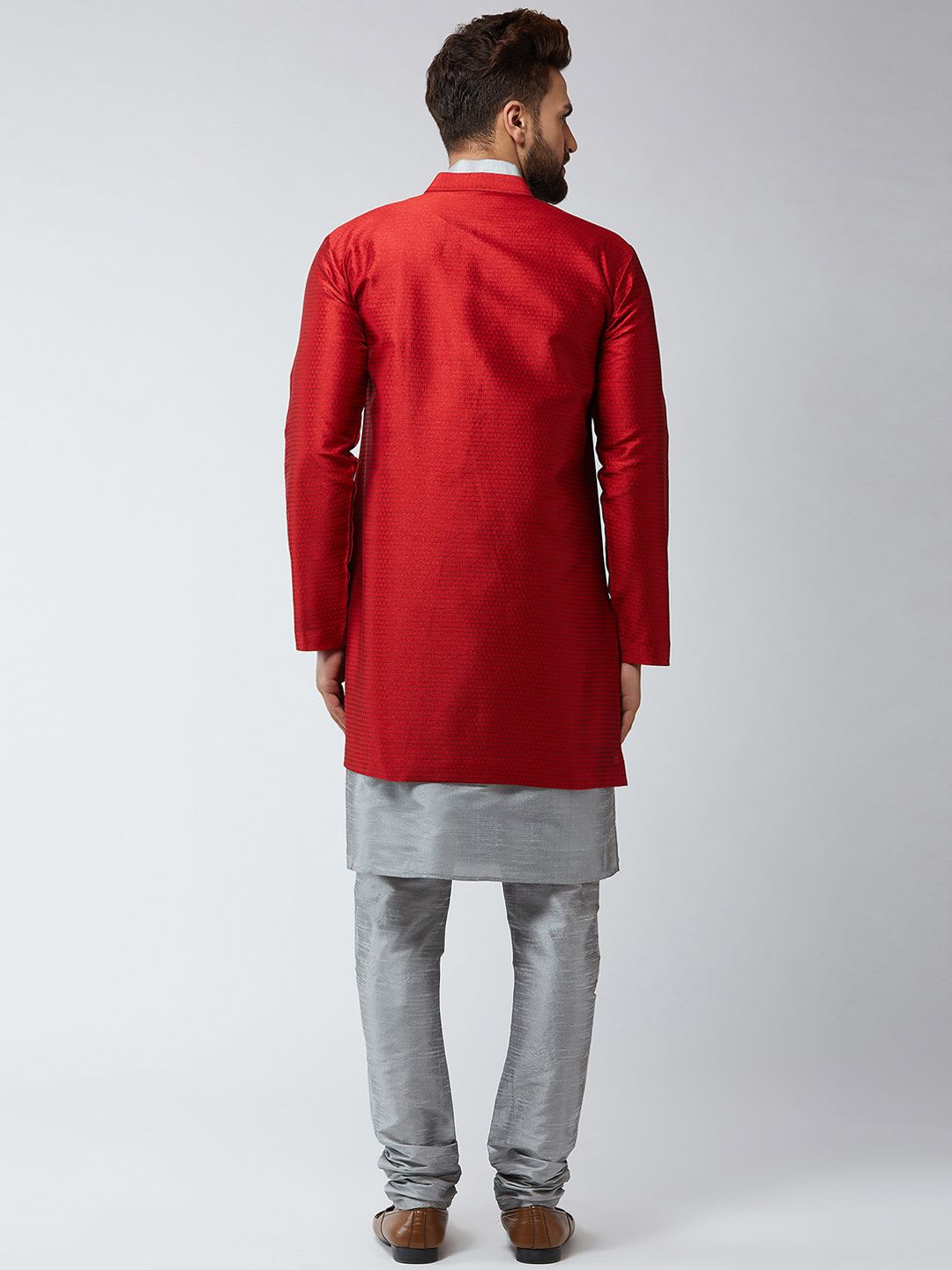 SOJANYA Men Maroon & Grey Self-Design Sherwani Set - right view
