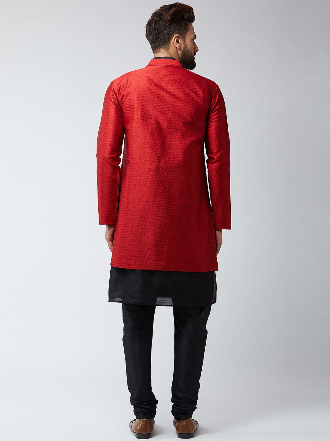SOJANYA Men Maroon & Black Self Design Sherwani Set - right view