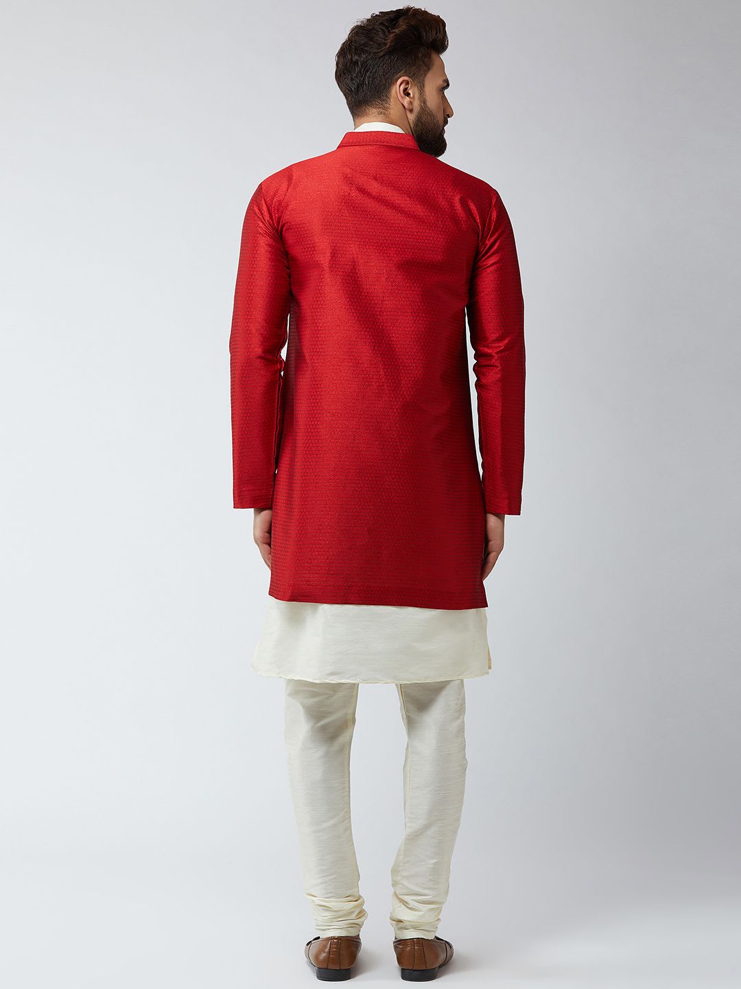 SOJANYA Men Maroon & Off White Self-Design Sherwani Set - left view