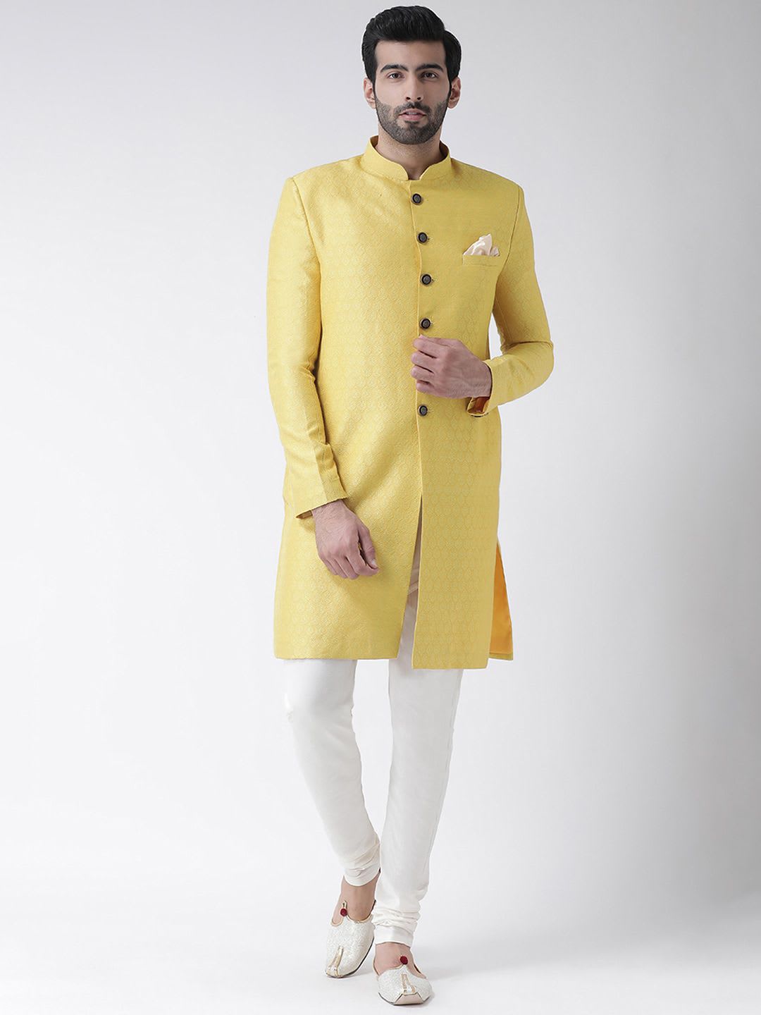 KISAH Men White Self Designed Cotton Indowestern Sherwani Set - default view