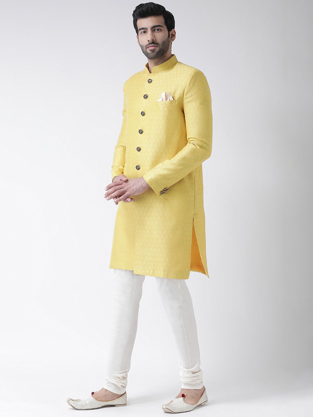 KISAH Men White Self Designed Cotton Indowestern Sherwani Set - left view