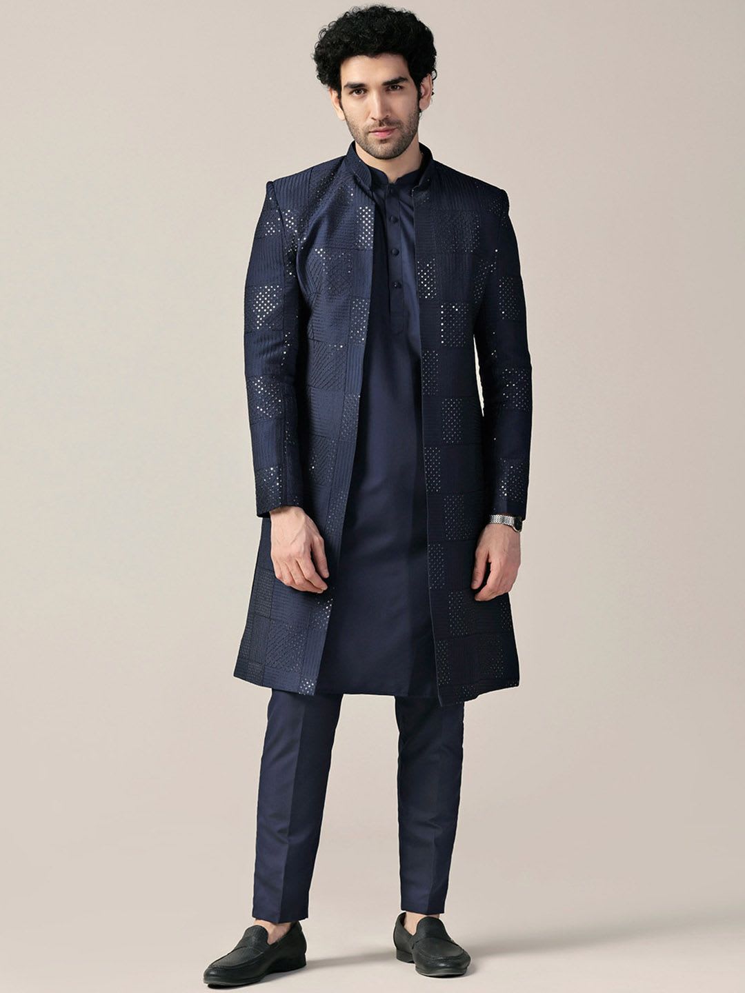 KISAH Men Self Design Indowestern Sherwani Set - default view
