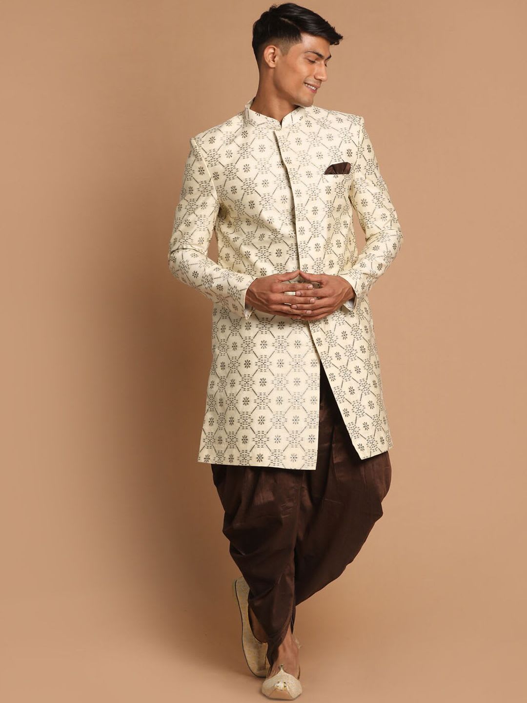 VASTRAMAY Men Beige & Brown Sherwani Set - default view