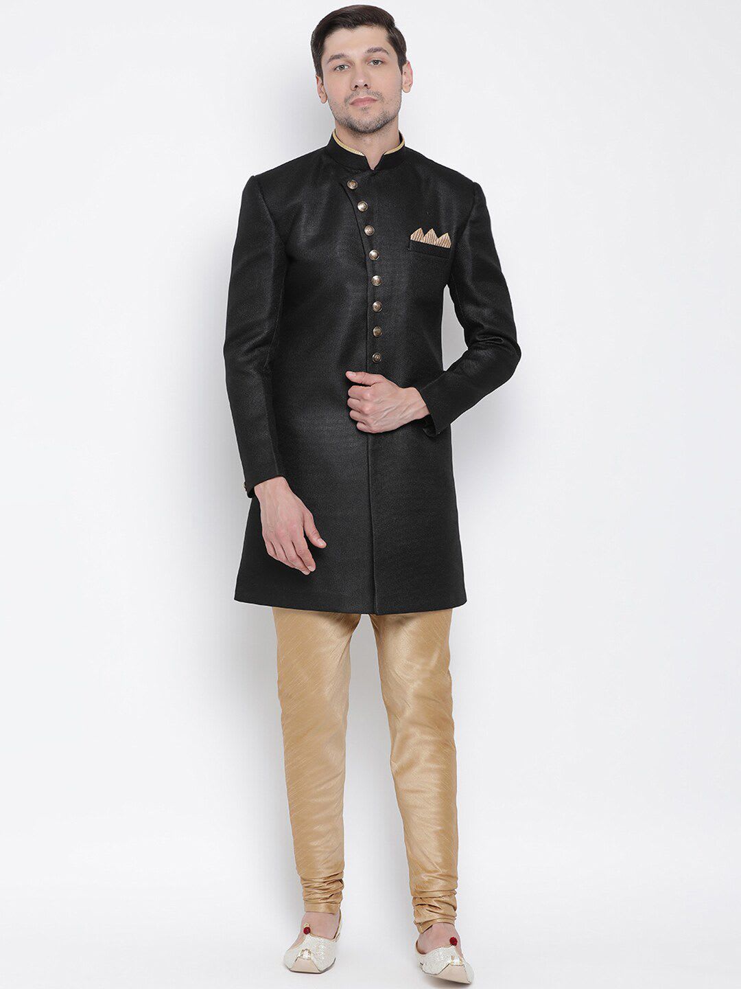 VASTRAMAY Mandarin Collar Jute Cotton Slim-Fit Sherwani Set - default view