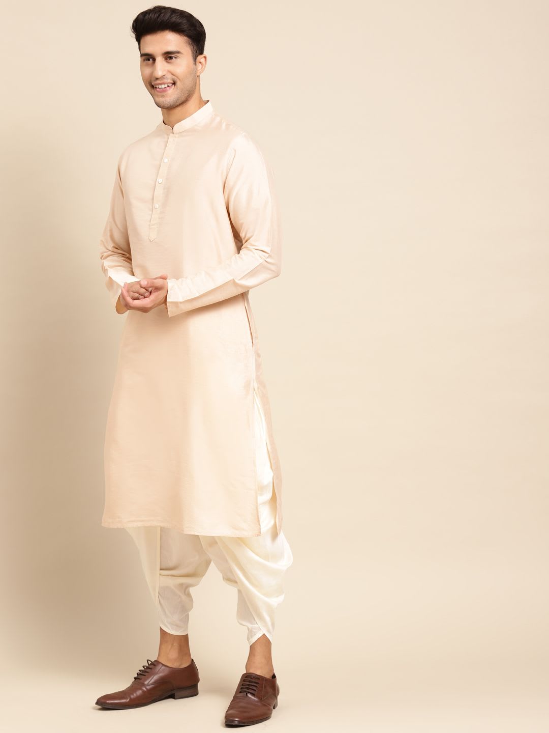 KISAH Men Cream-coloured & Grey Self-Design Cotton Indowestern Sherwani Set - left view