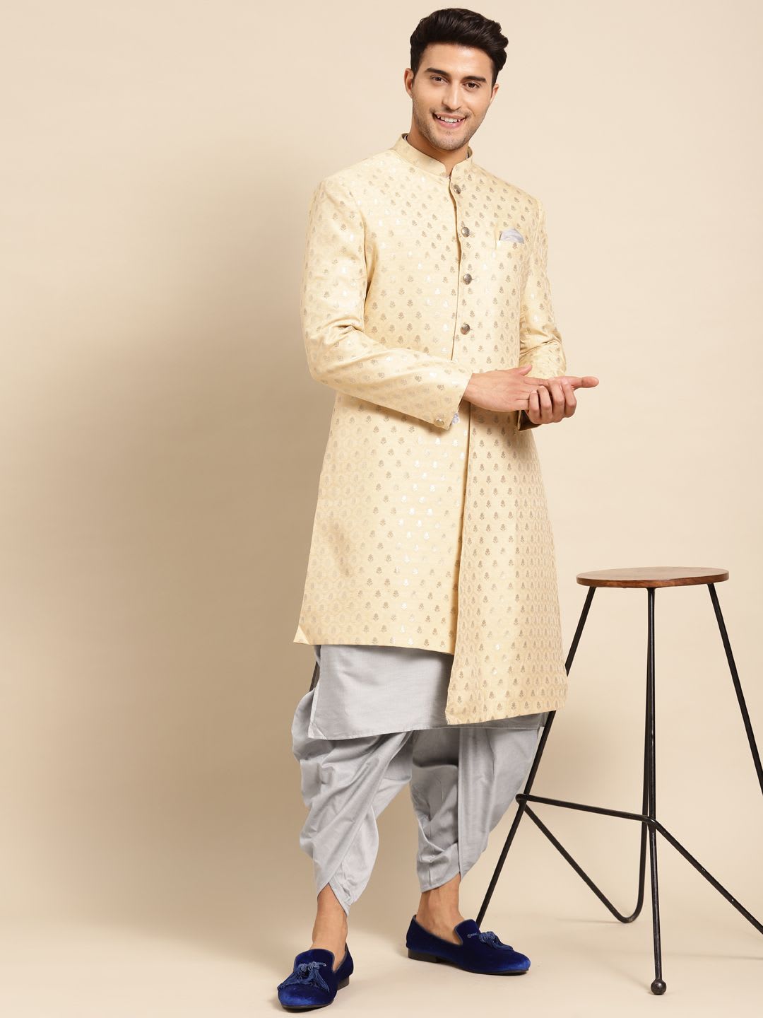 KISAH Men Beige Printed Cotton Indowestern Sherwani Set - default view