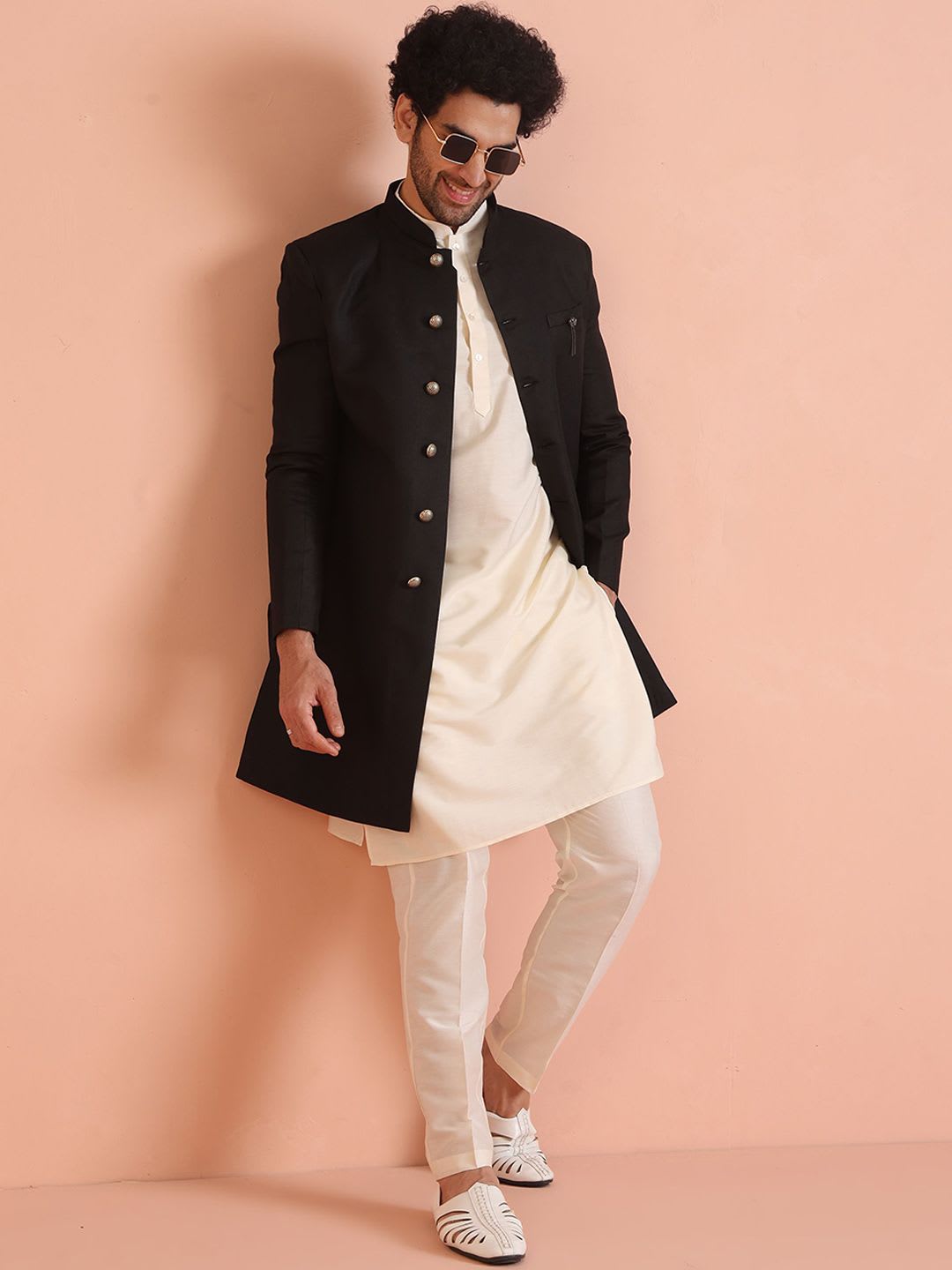 KISAH Solid Black Mandarin Collar Indowestern Silk Sherwani Churidar Set - default view