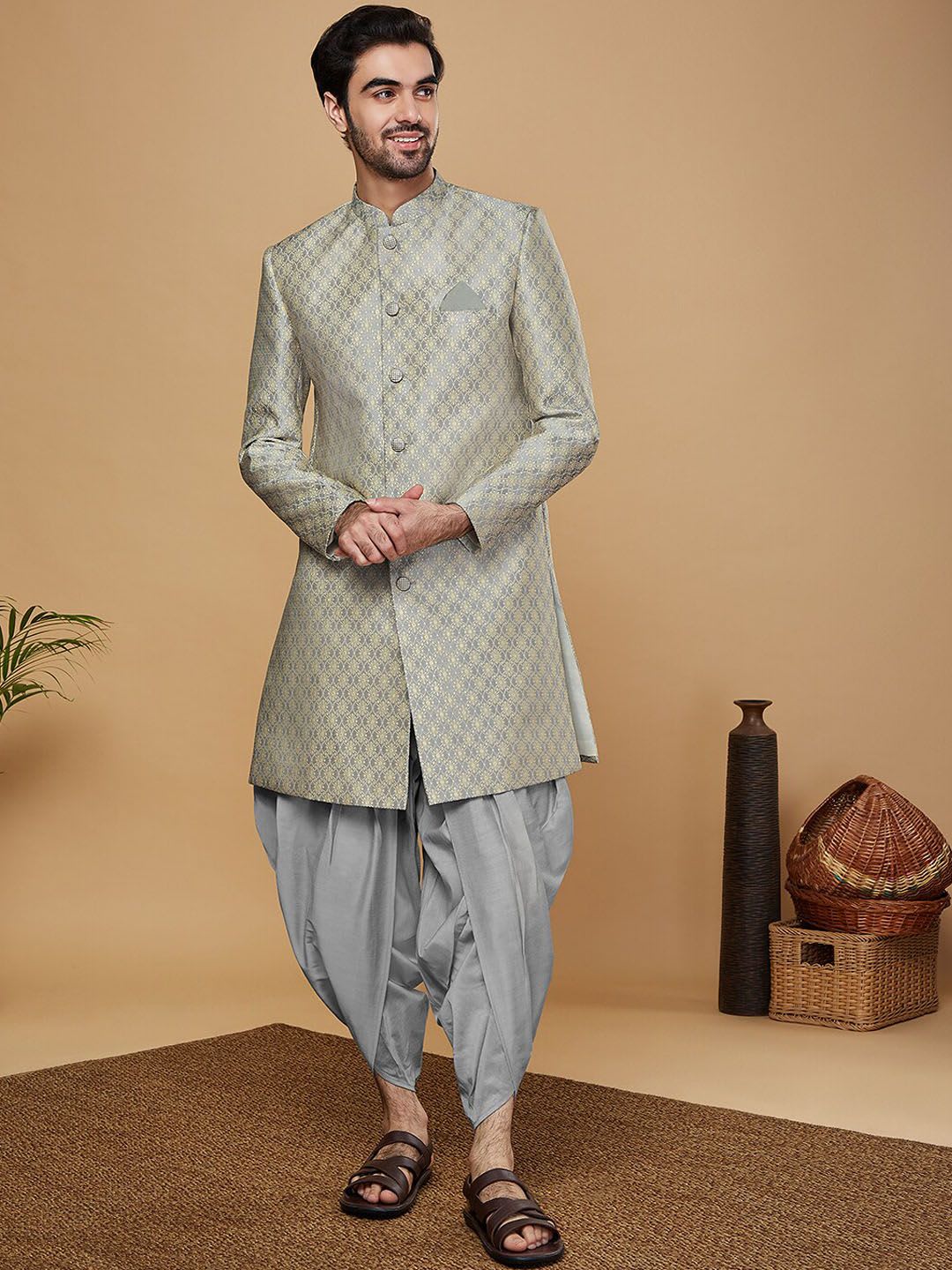 KISAH Men Green Self-Design Mandarin Collar Kurta Indowestern Sherwani Dhoti Set - default view