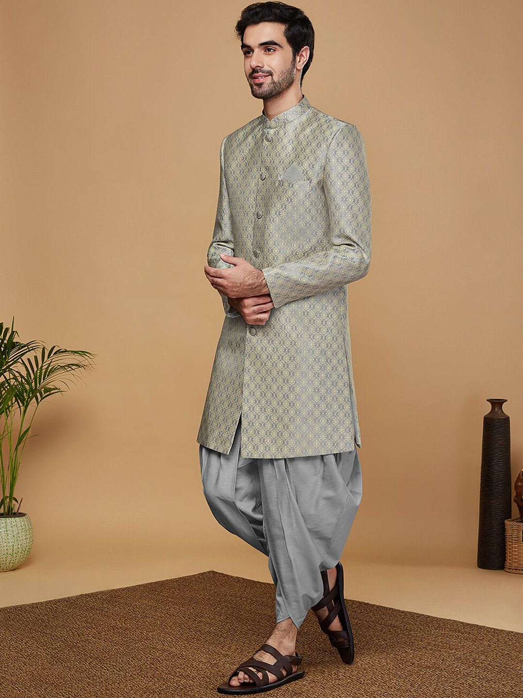 KISAH Men Green Self-Design Mandarin Collar Kurta Indowestern Sherwani Dhoti Set - left view
