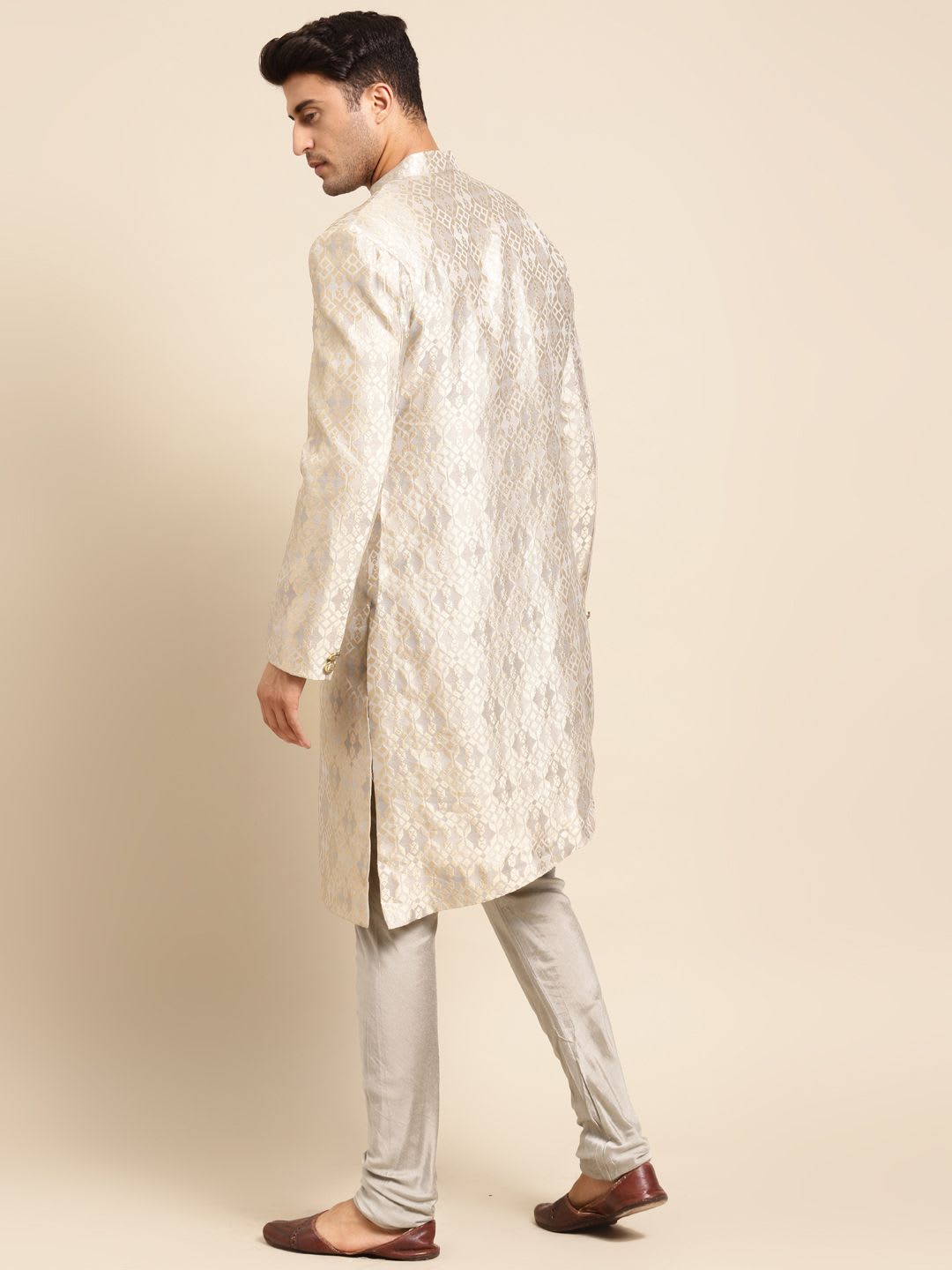 KISAH Men Grey Woven-Design Mandarin Collar Indowestern Sherwani - left view