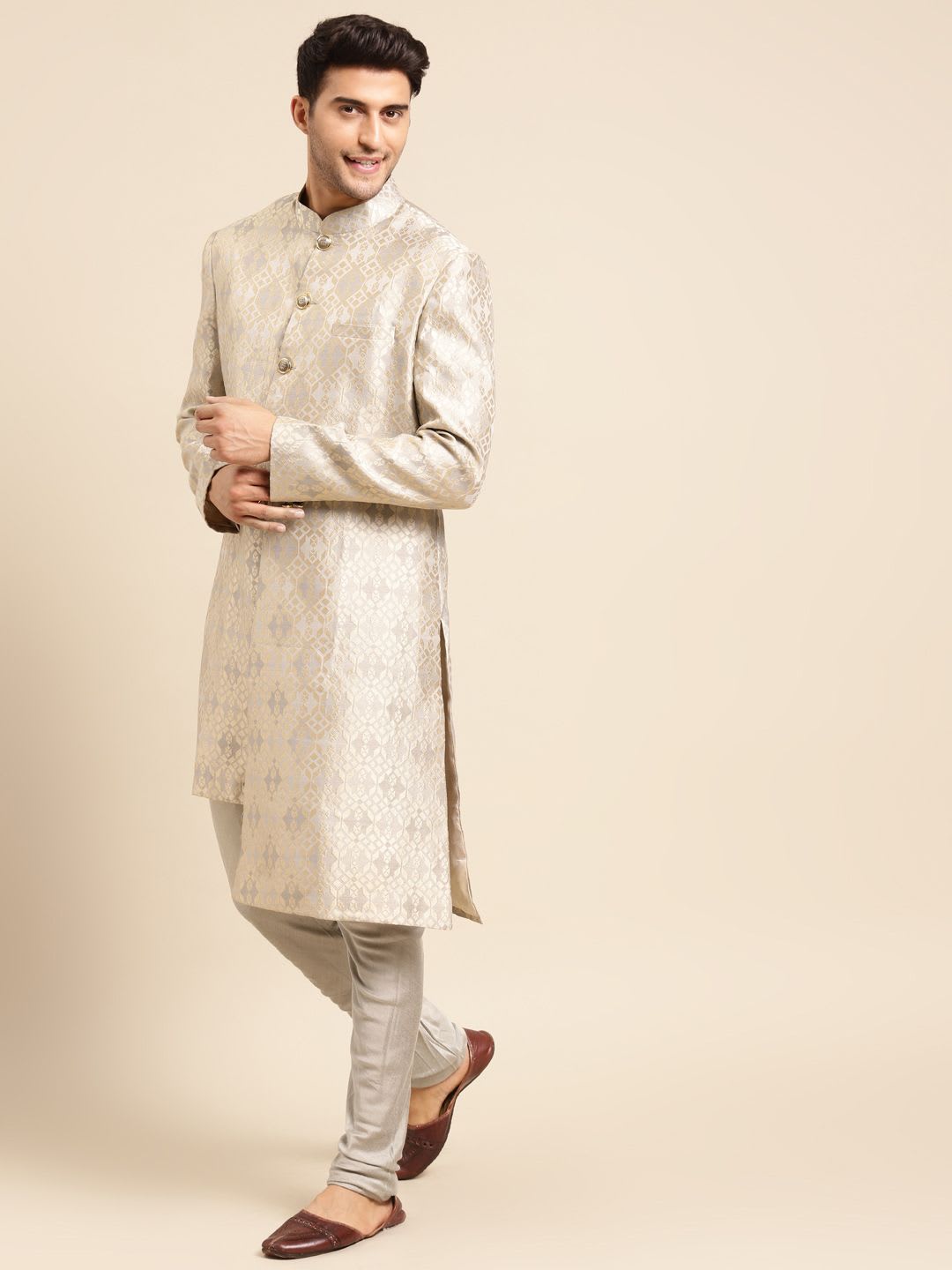 KISAH Men Grey Woven-Design Mandarin Collar Indowestern Sherwani - right view