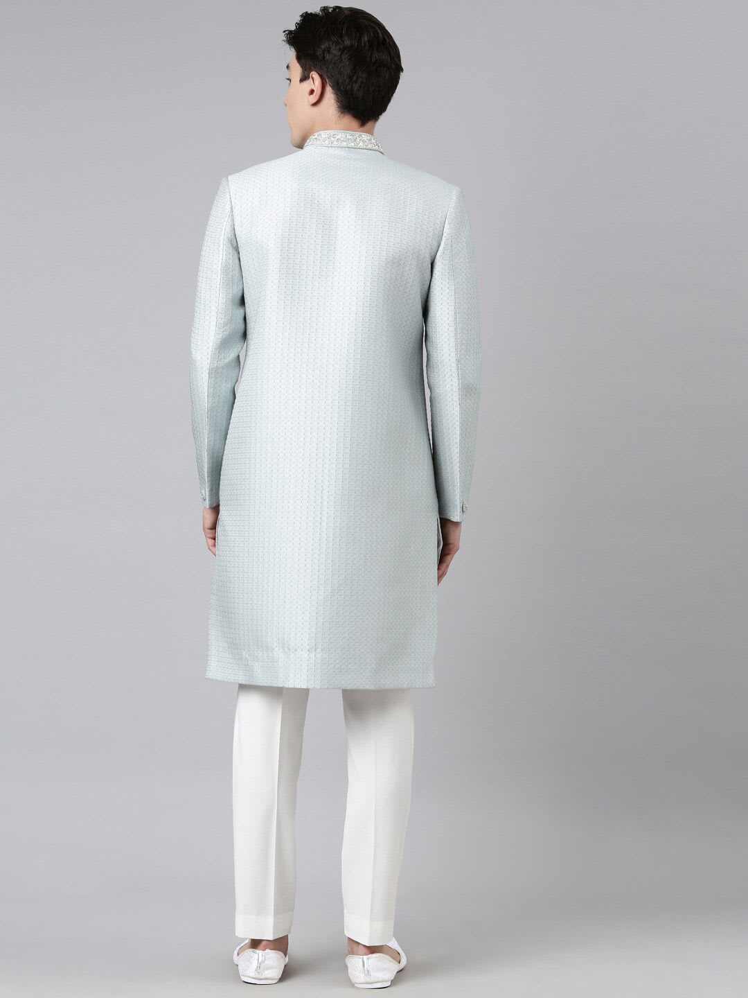 TheEthnic.Co Green Self-Design Embroidered Mandarin Collar Jacquard Sherwani Set - left view