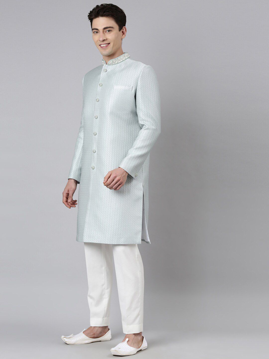 TheEthnic.Co Green Self-Design Embroidered Mandarin Collar Jacquard Sherwani Set - right view