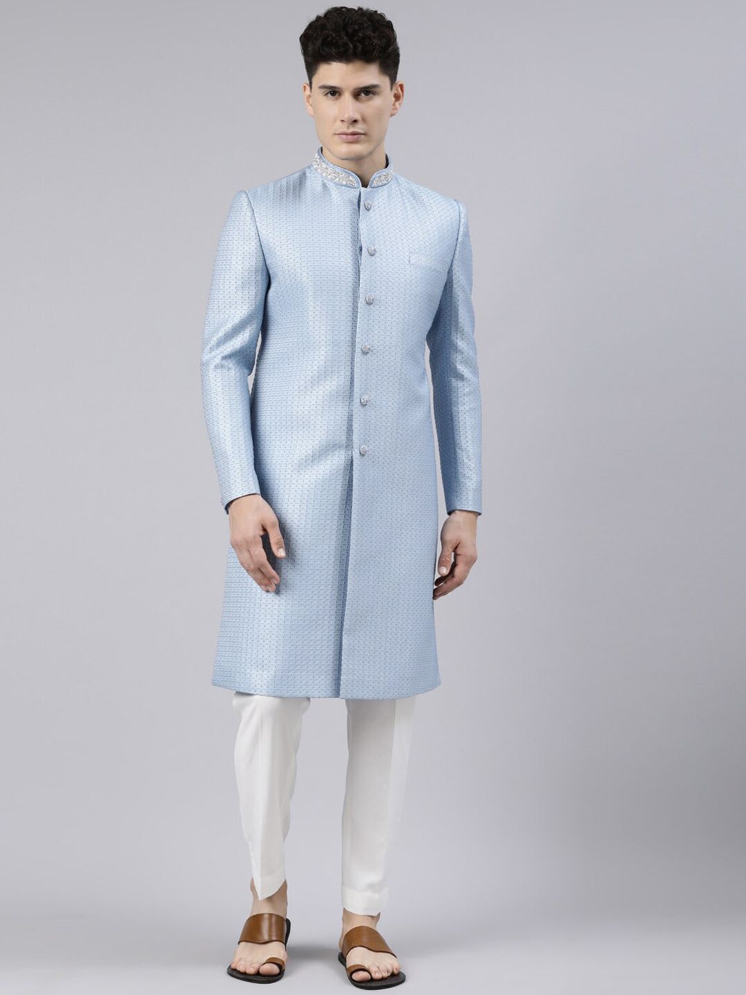 TheEthnic.Co Men Blue Mandarin Collar Woven-Design With Embellished Detail Jacquard Sherwani Set - default view