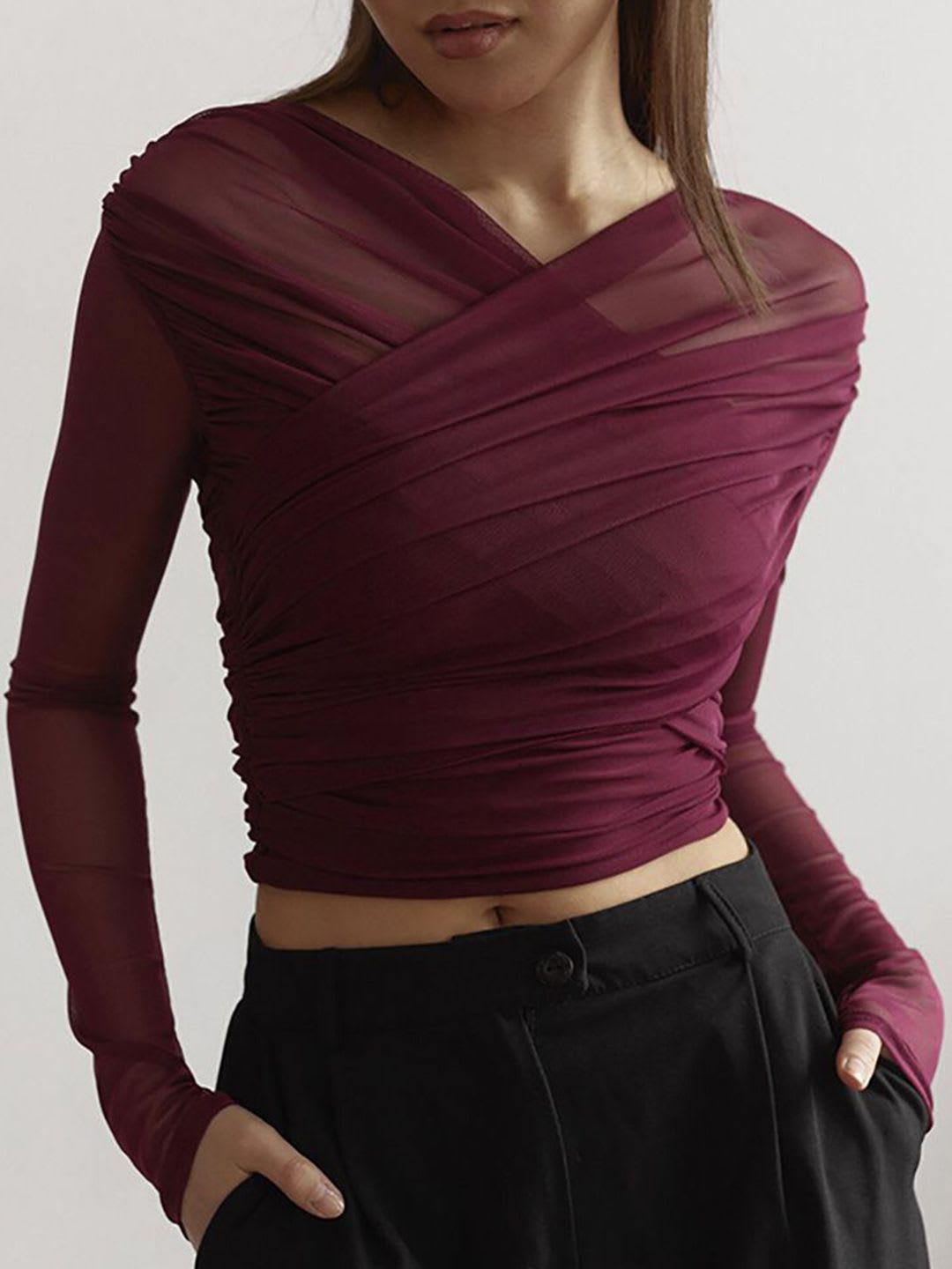 StyleCast x Revolte Women V-Neck Long Sleeves Crop Top - default view