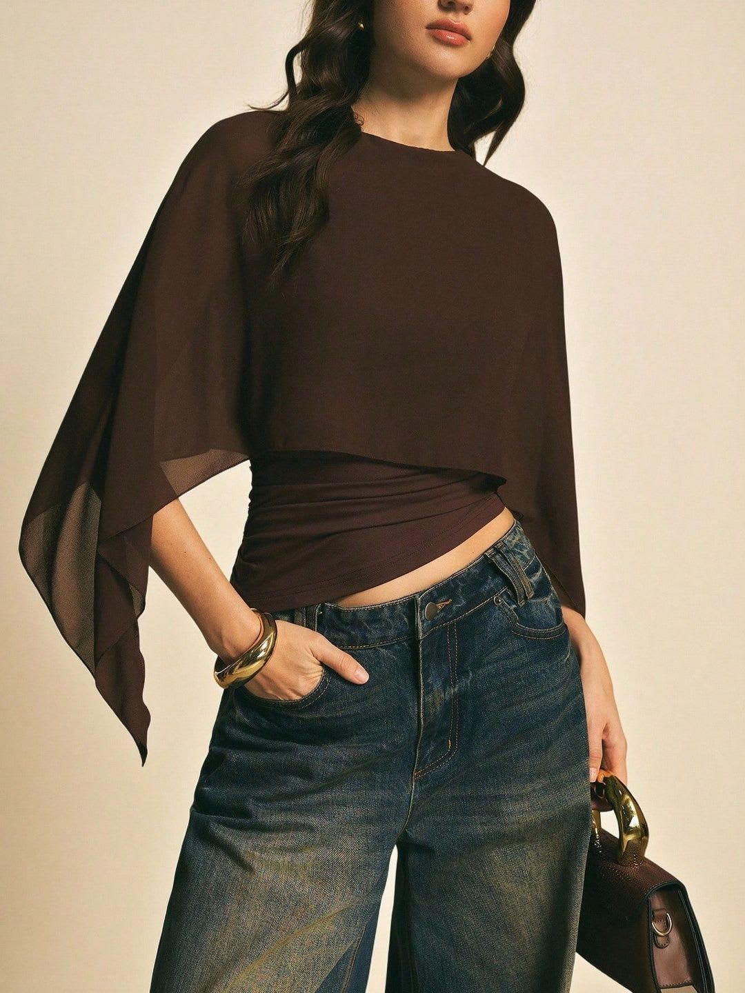 StyleCast x Revolte Brown Boat Neck Flutter Sleeve Crop Top - default view