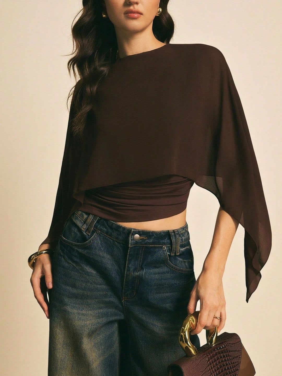 StyleCast x Revolte Brown Boat Neck Flutter Sleeve Crop Top - left view