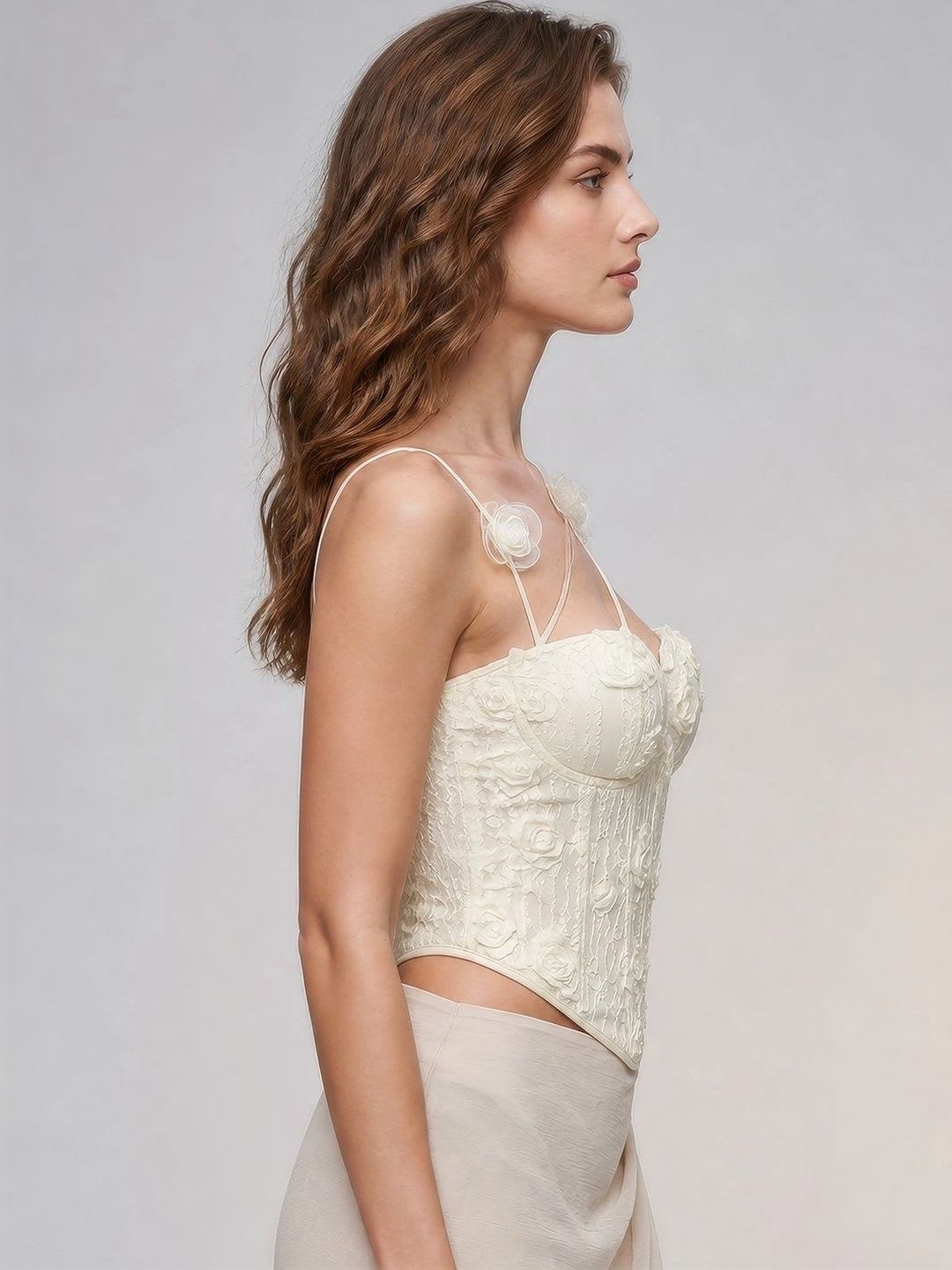 ATELIER REBEL Floral Embroidered Sweetheart Neck Applique Crop Top - back view