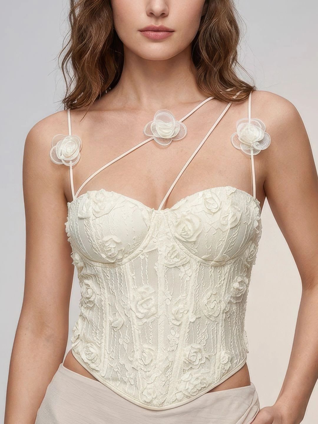 ATELIER REBEL Floral Embroidered Sweetheart Neck Applique Crop Top - right view