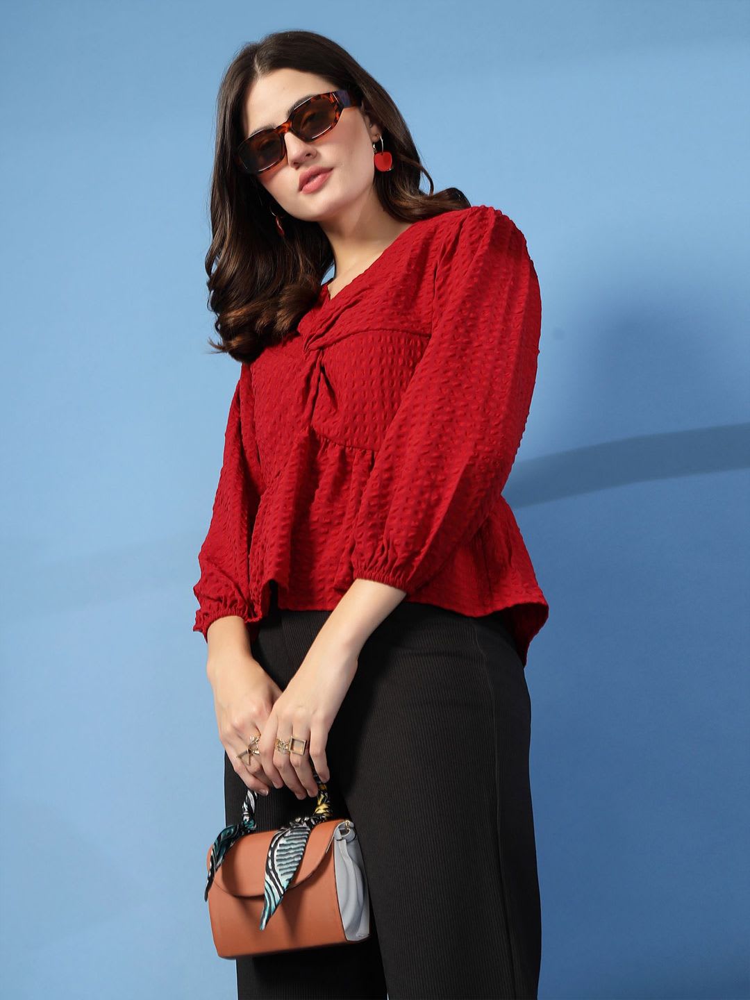 BEING NAUGHTY Women Self Design Puff Sleeves Peplum Crop Top - default view