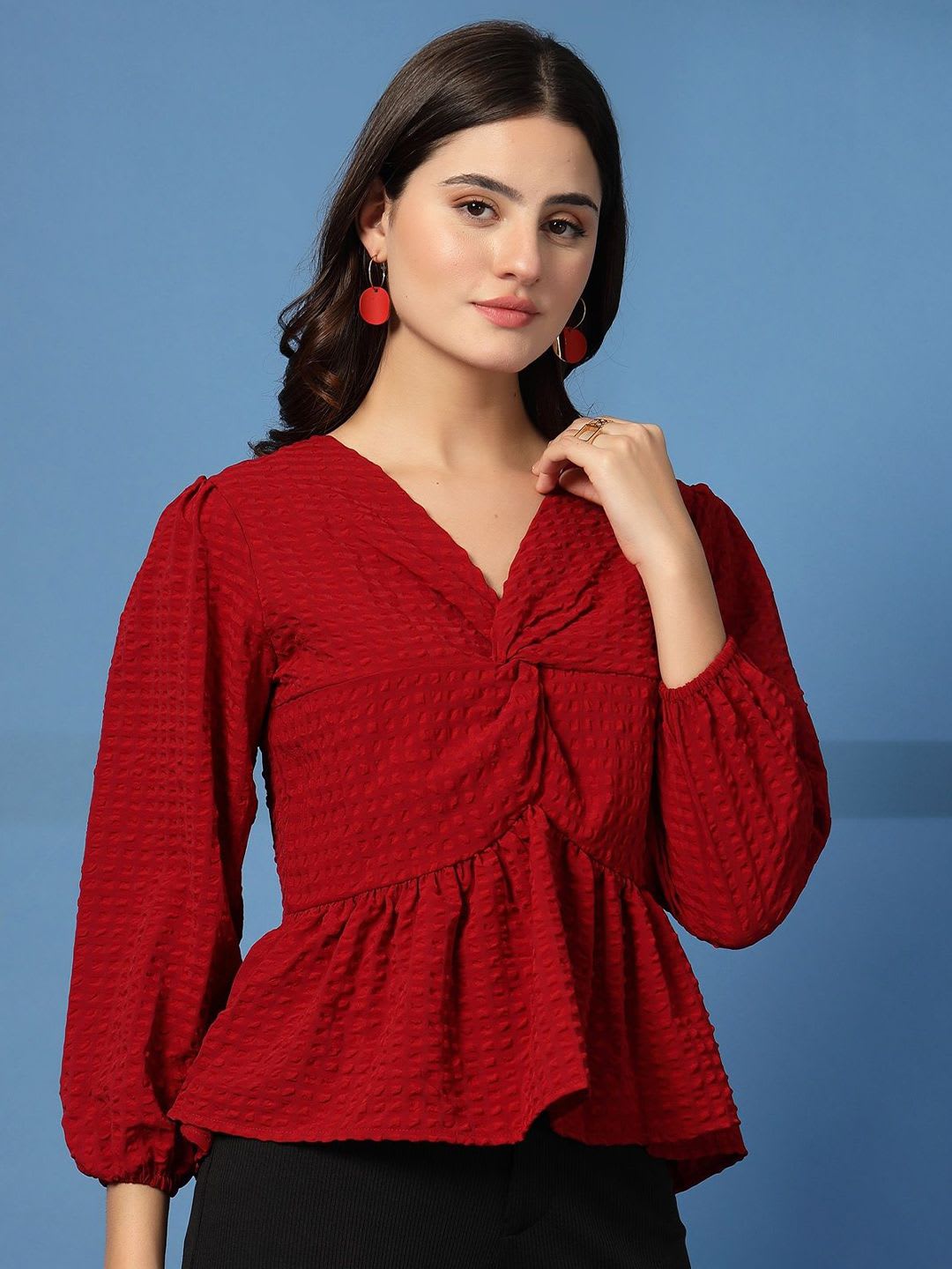 BEING NAUGHTY Women Self Design Puff Sleeves Peplum Crop Top - back view