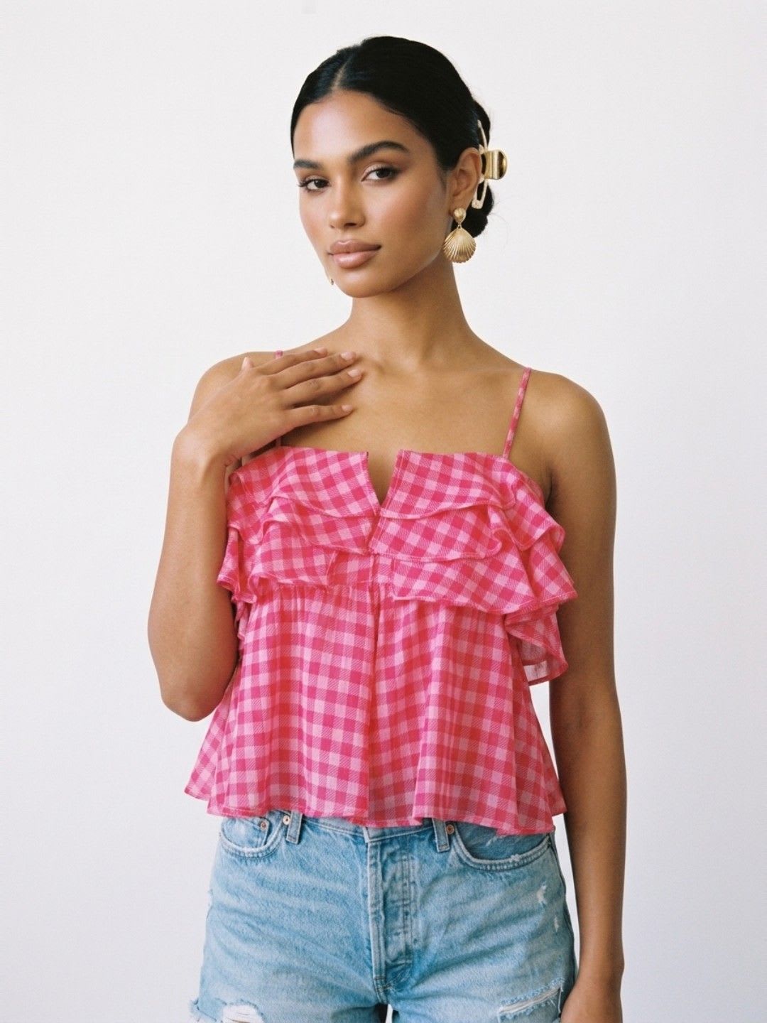 Phosphorus Checked Shoulder Straps Ruffles Crop A-Line Top - default view