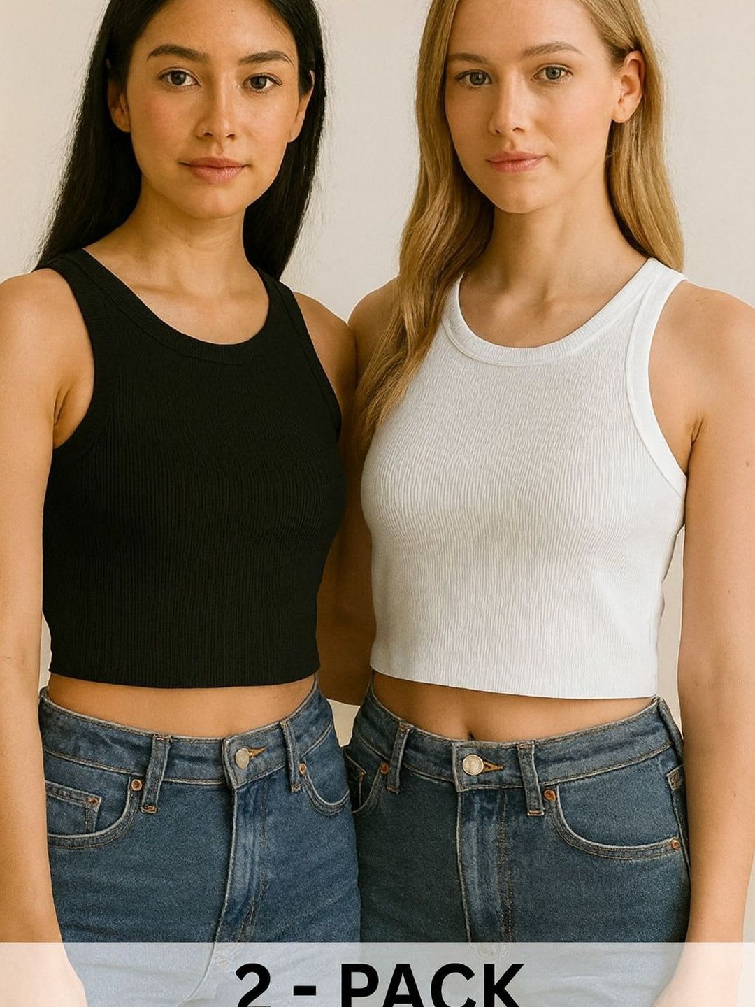 BerryBird Women Pack Of 2 Sleeveless Round Neck Ribbed Crop Tank Tops - default view