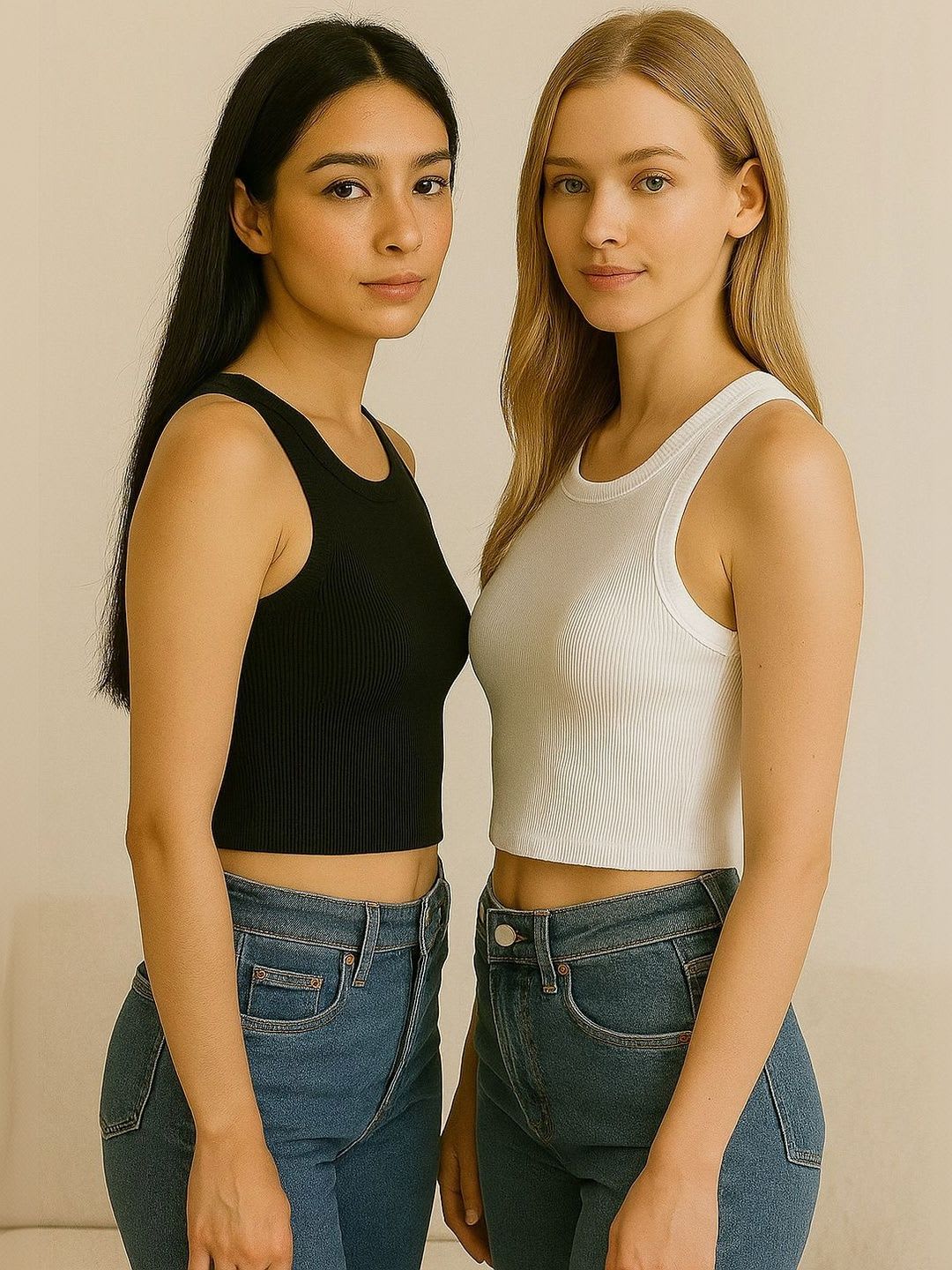 BerryBird Women Pack Of 2 Sleeveless Round Neck Ribbed Crop Tank Tops - back view