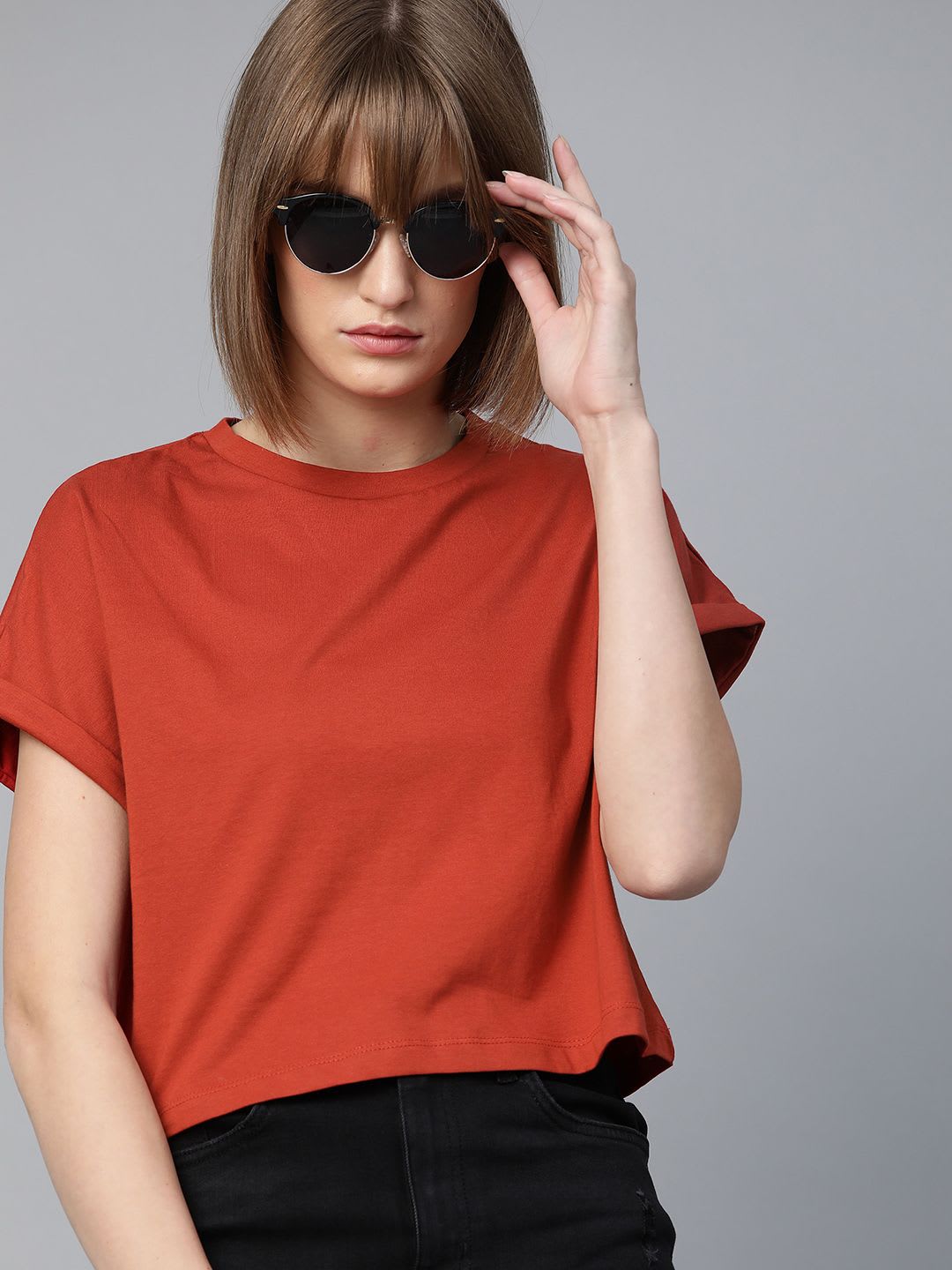 Roadster Rust Red Round Neck Boxy Crop Top - default view