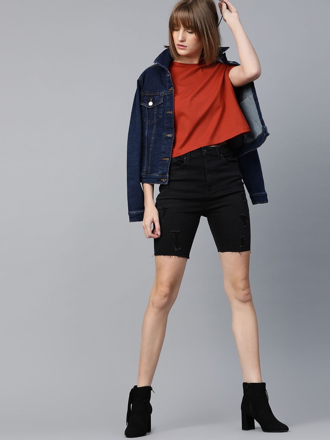 Roadster Rust Red Round Neck Boxy Crop Top - left view