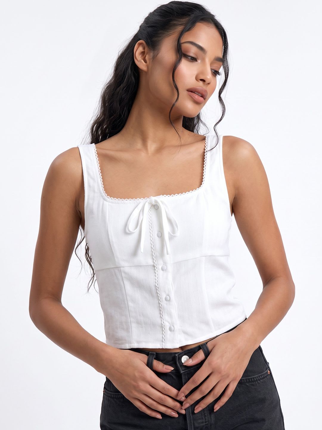 glitchez White Textured Crop Top with Square Neck - default view