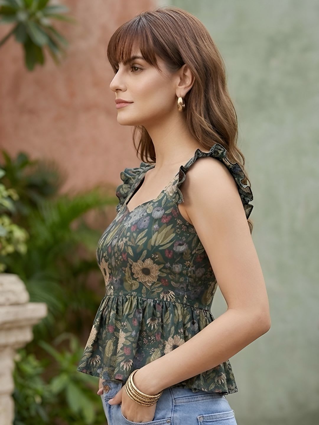 Anouk Rustic Women Floral Print Flutter Sleeve Ruffles Cotton Peplum Crop Top - back view