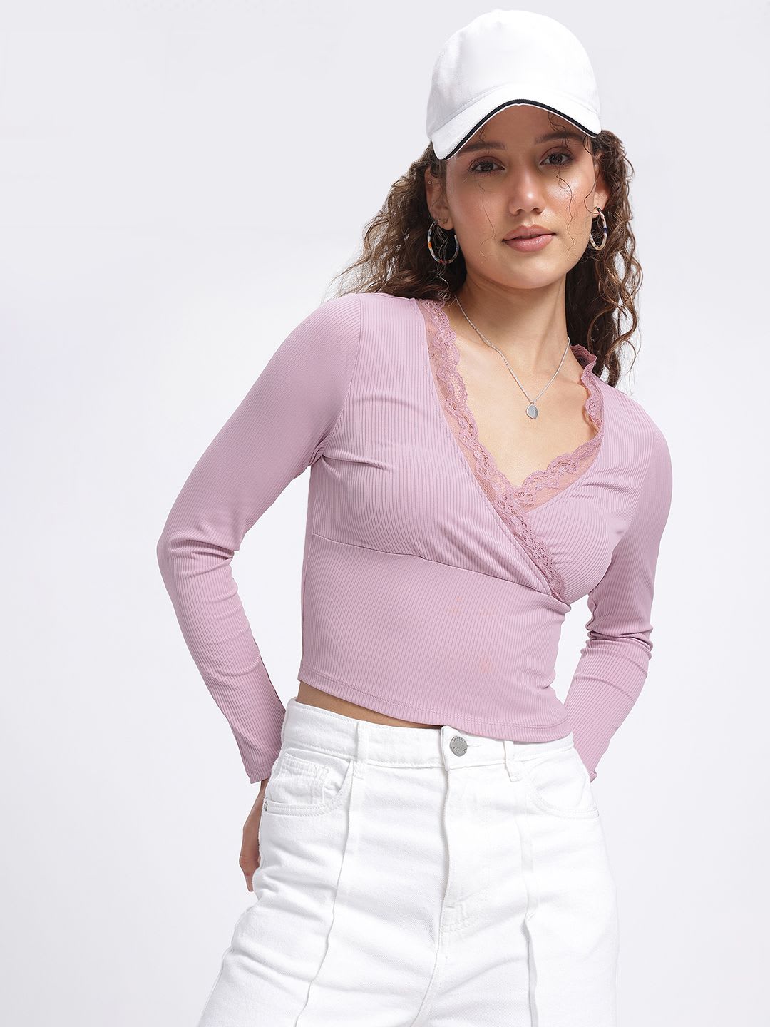 glitchez Mauve Ribbed Lace Insert Fitted Crop Top - default view