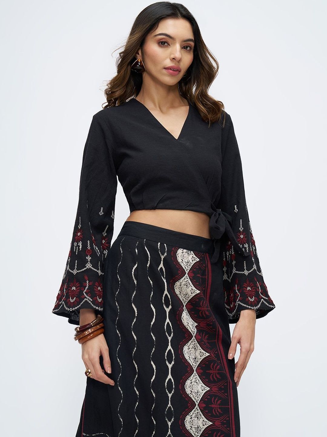 AKKRITI BY PANTALOONS Embroidered Flared Sleeve Ethnic Wrap Crop Top - default view