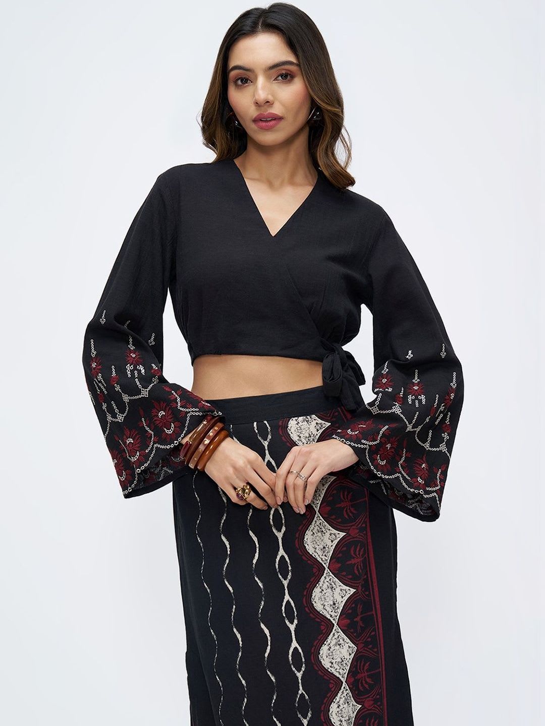 AKKRITI BY PANTALOONS Embroidered Flared Sleeve Ethnic Wrap Crop Top - back view