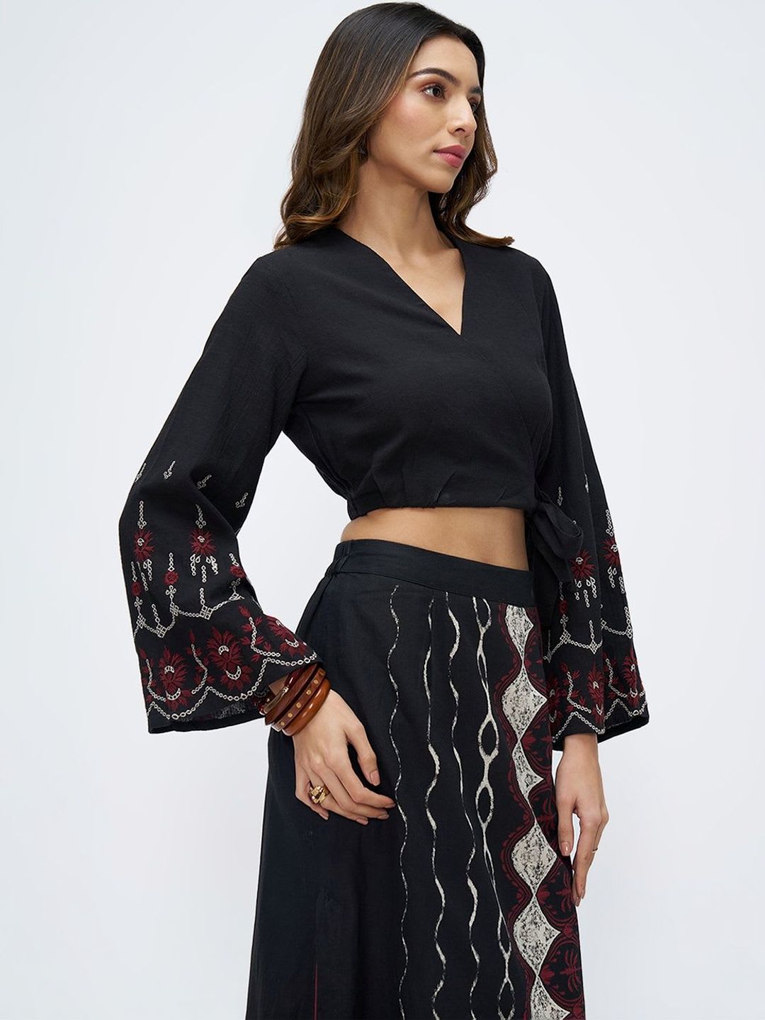 AKKRITI BY PANTALOONS Embroidered Flared Sleeve Ethnic Wrap Crop Top - left view