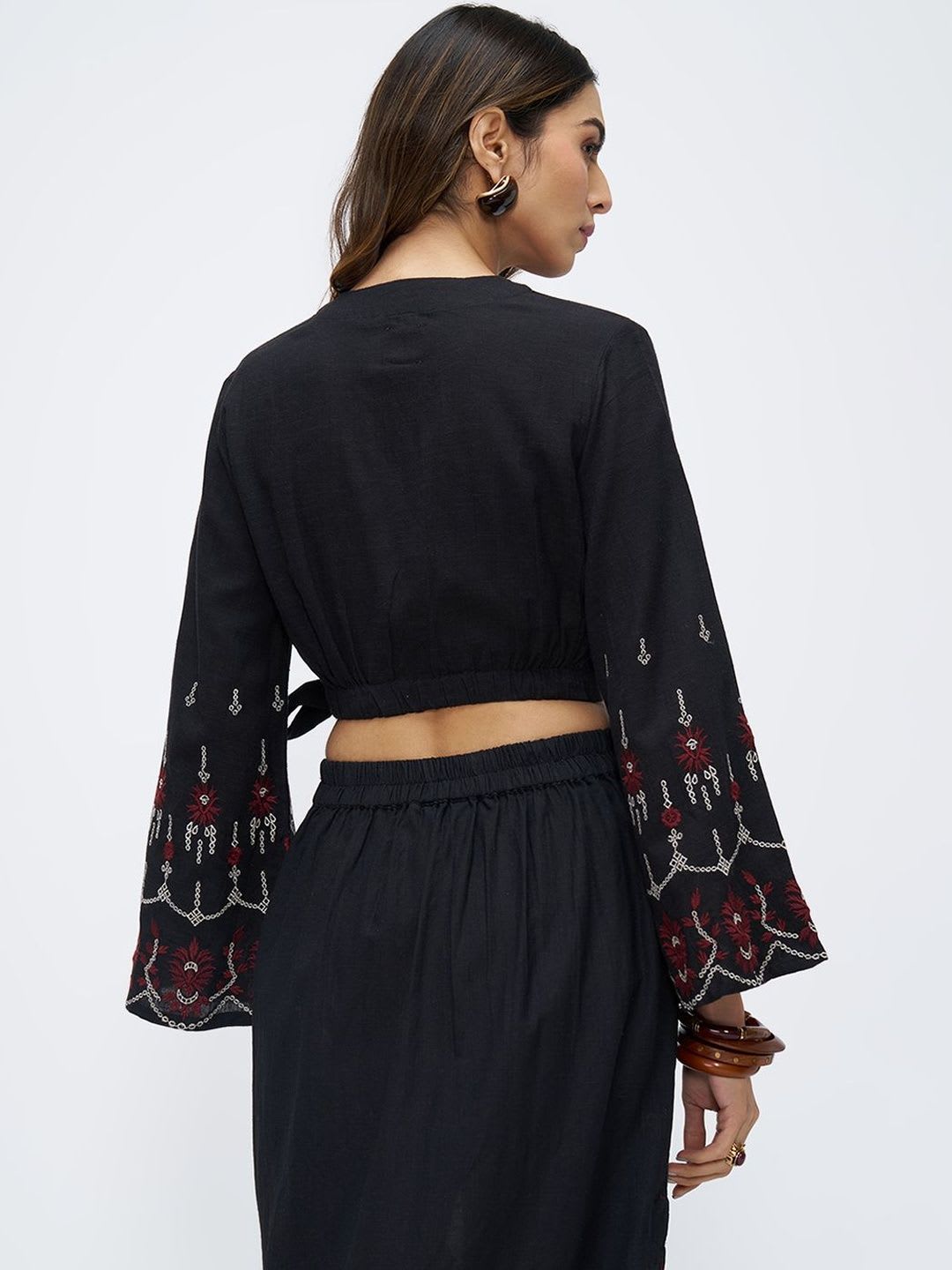 AKKRITI BY PANTALOONS Embroidered Flared Sleeve Ethnic Wrap Crop Top - right view