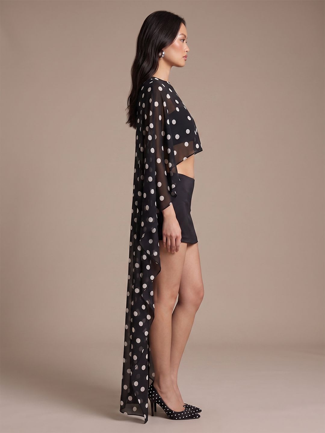 ATELIER REBEL Polka Dot Print Batwing Sleeve Cape Crop Top - left view