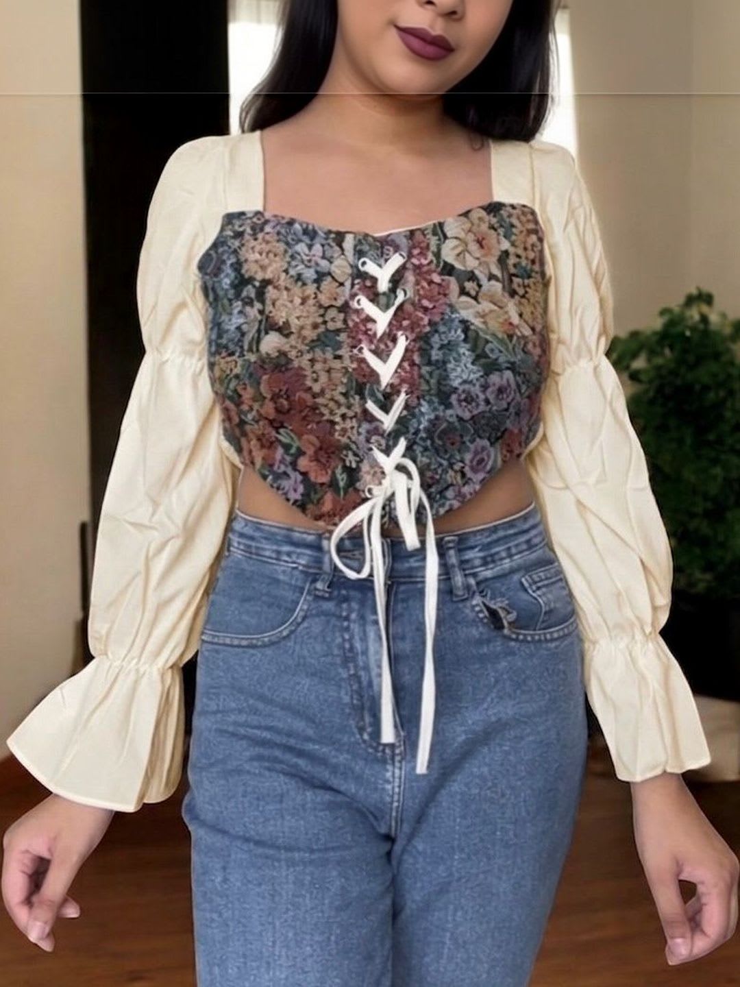 11 11 Label Floral Print Puff Sleeve Cotton Crop Top - back view