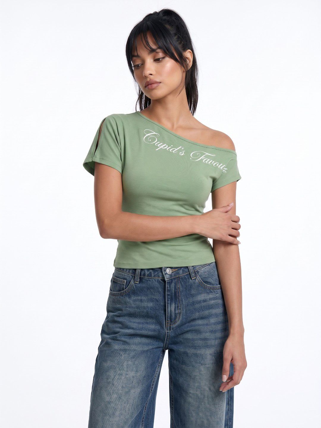 glitchez Printed One Shoulder Crop Top - back view