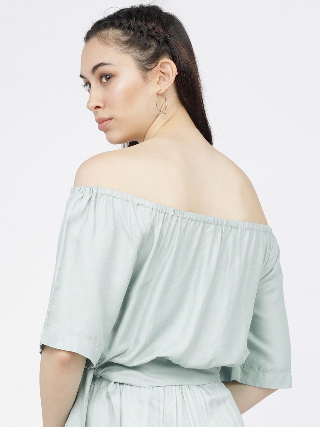 Tokyo Talkies Women Green Off-Shoulder Bardot Crop Top - right view