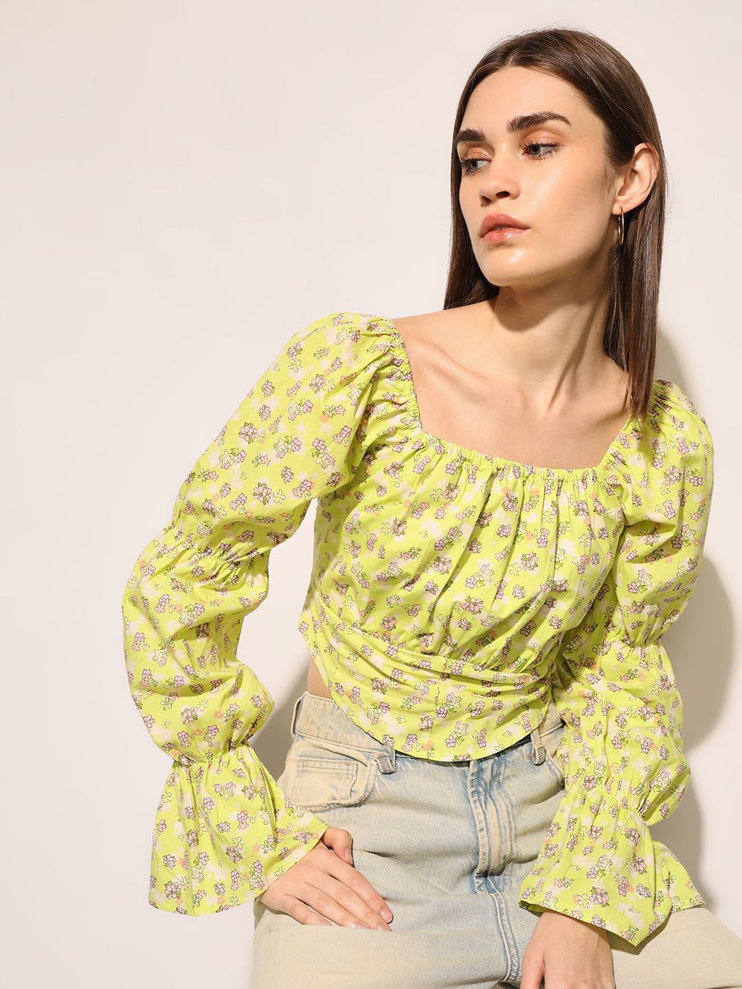 ONLY Women Floral Print Cotton Blouson Crop Top - default view