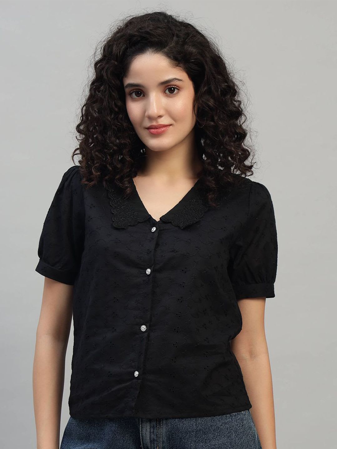 SHAHVEER CREATION Embroidered Schiffli Blouson Crop Top - default view