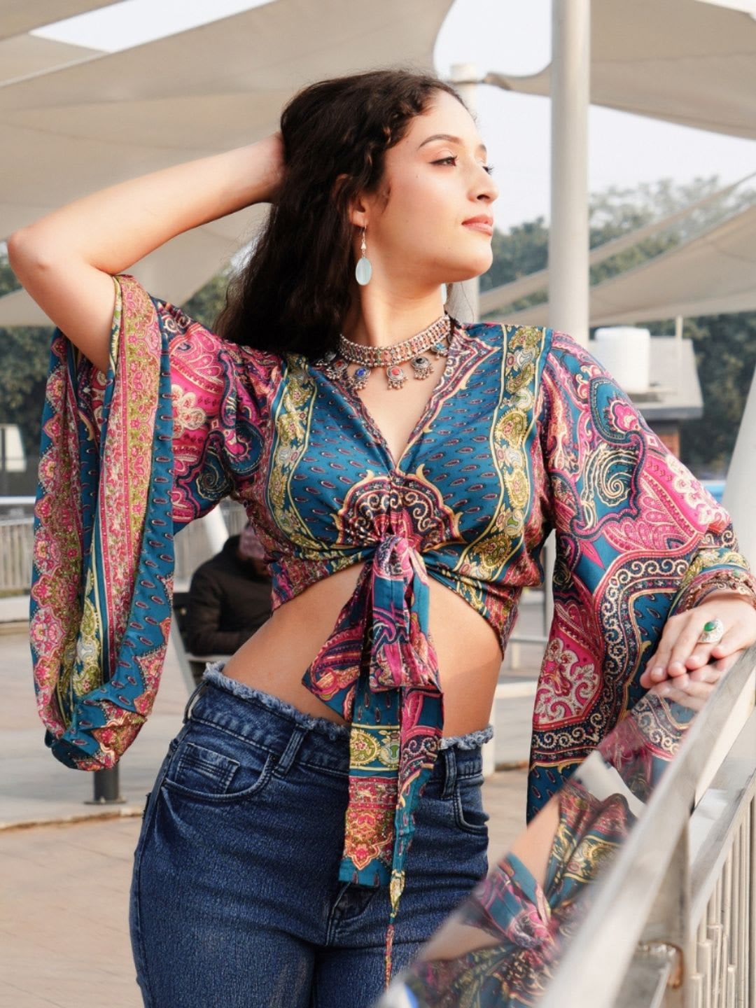Boholyfe Paisley Luxe Waist Tie-Ups Tropical V-Neck Kimono Sleeves Crop Wrap Top - default view