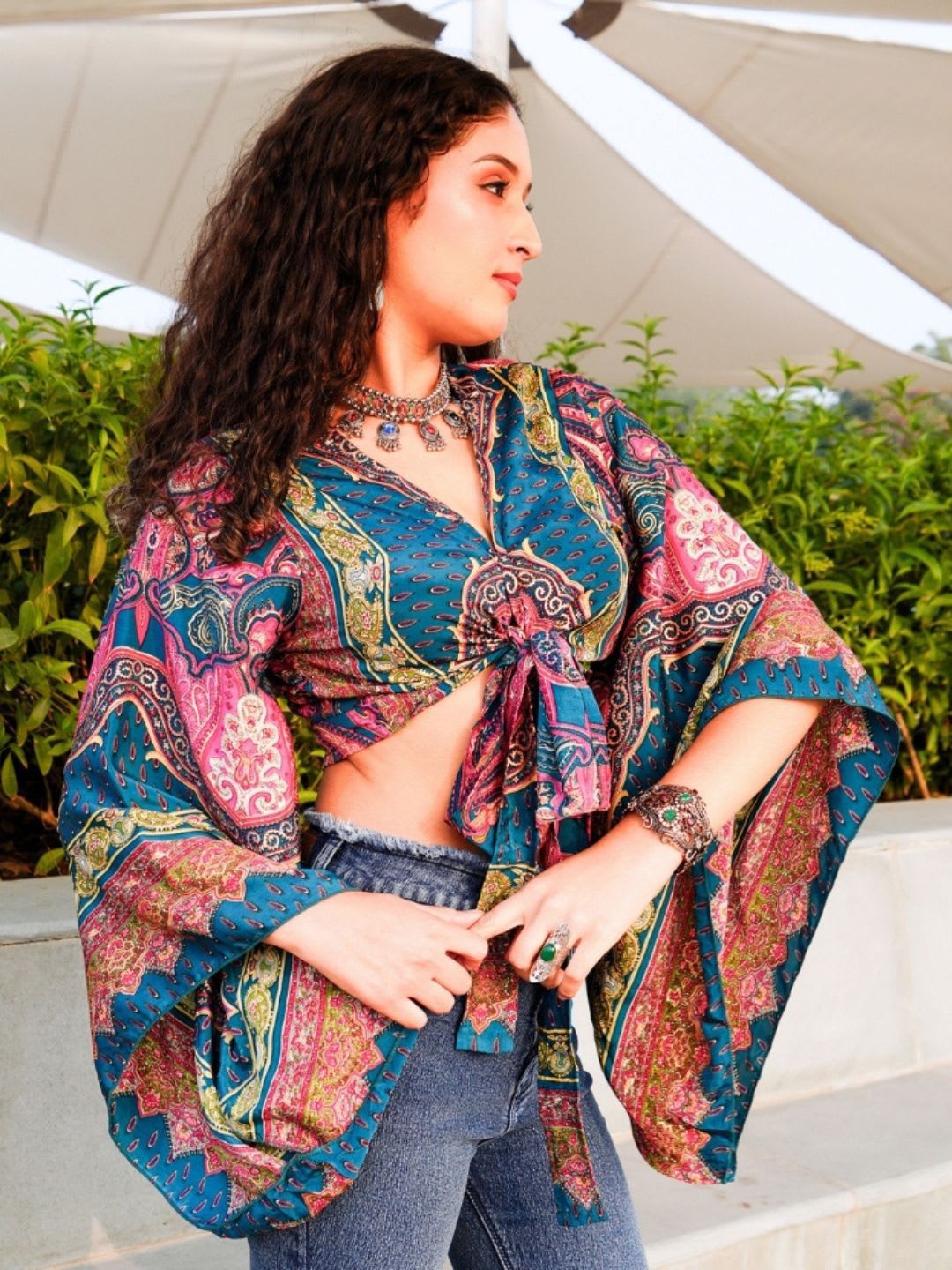 Boholyfe Paisley Luxe Waist Tie-Ups Tropical V-Neck Kimono Sleeves Crop Wrap Top - back view