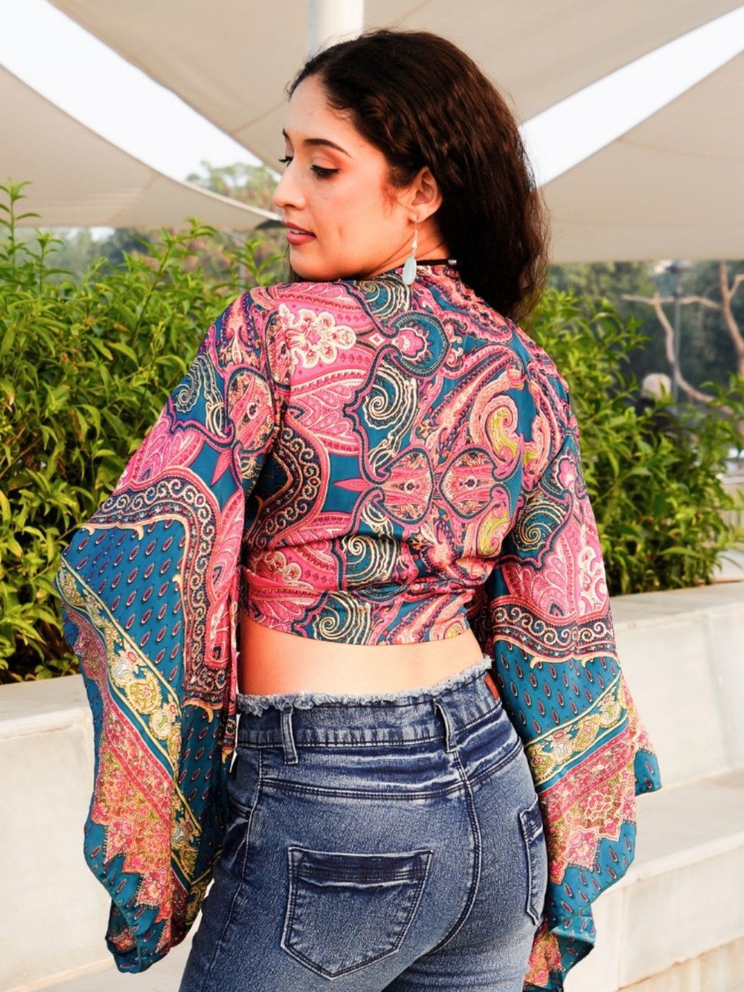 Boholyfe Paisley Luxe Waist Tie-Ups Tropical V-Neck Kimono Sleeves Crop Wrap Top - left view
