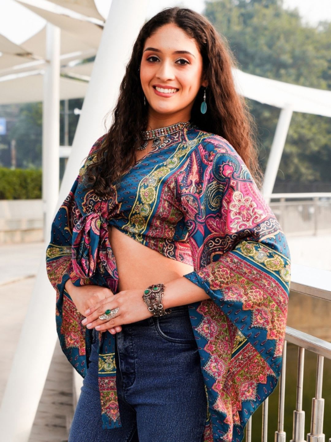 Boholyfe Paisley Luxe Waist Tie-Ups Tropical V-Neck Kimono Sleeves Crop Wrap Top - right view